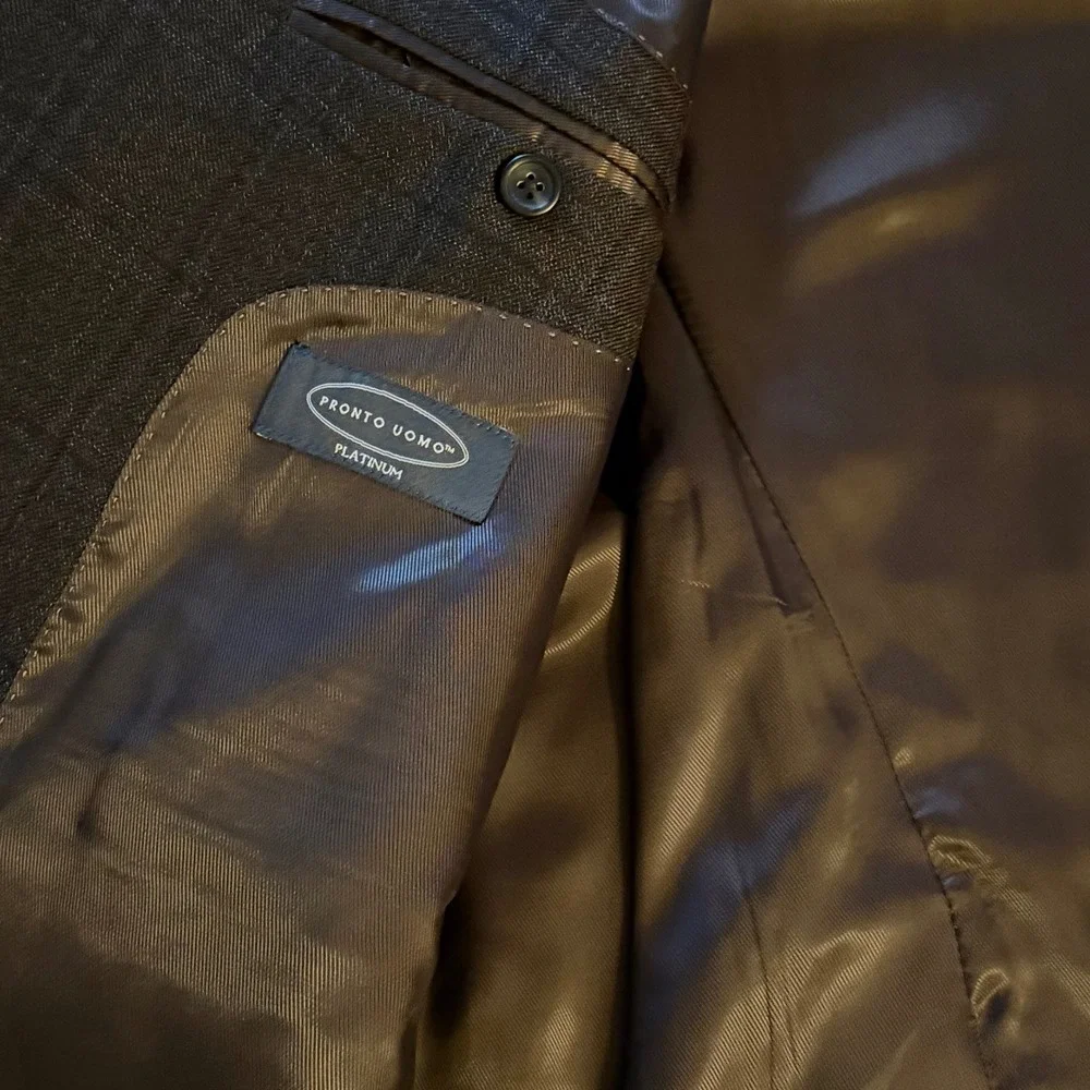 Pronto Uomo Platinum‎ Blazer Charcoal Grey Brown Windowpane 100% Wool 48 Long